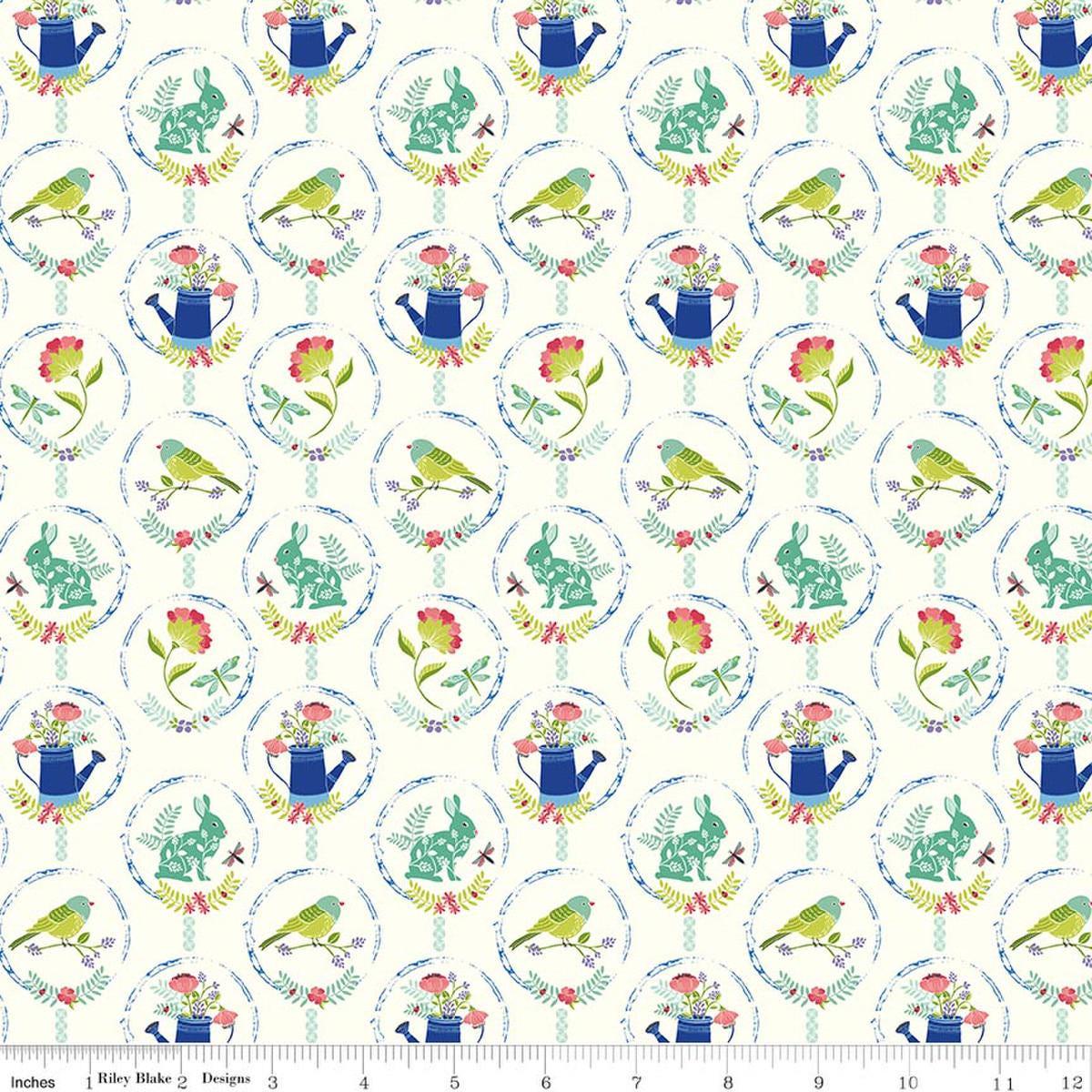 Image of Awakening Spring Charms Cream quilting cotton fabric by Cherry Guidry for Riley Blake Designs. Features flowers and animals on a cream background. Cute Little Fabric Shop.