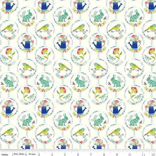 Image of Awakening Spring Charms Cream quilting cotton fabric by Cherry Guidry for Riley Blake Designs. Features flowers and animals on a cream background. Cute Little Fabric Shop.