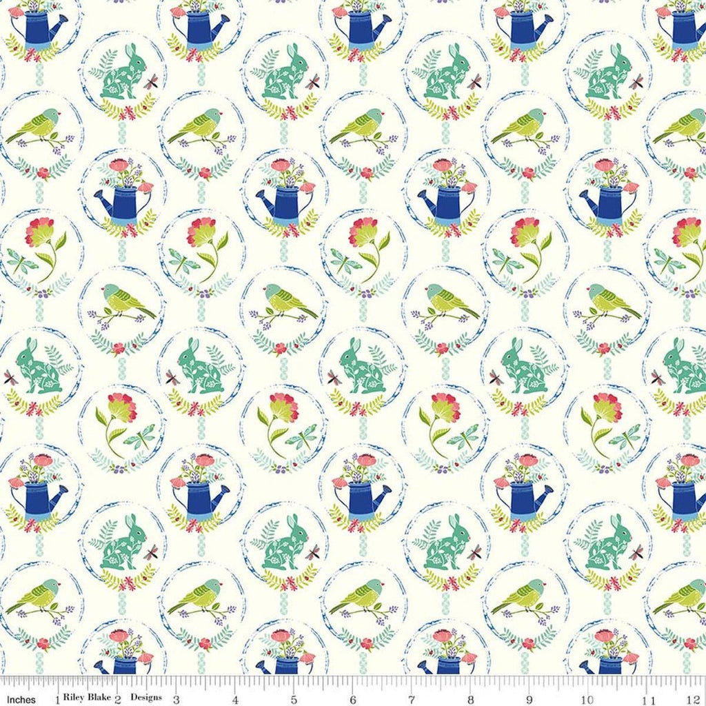 Image of Awakening Spring Charms Cream quilting cotton fabric by Cherry Guidry for Riley Blake Designs. Features flowers and animals on a cream background. Cute Little Fabric Shop.