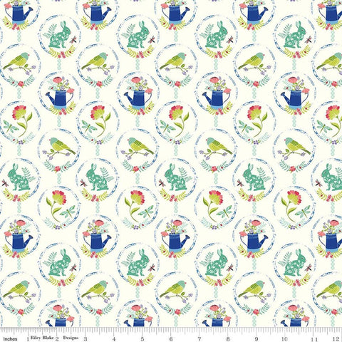 Image of Awakening Spring Charms Cream quilting cotton fabric by Cherry Guidry for Riley Blake Designs. Features flowers and animals on a cream background. Cute Little Fabric Shop.