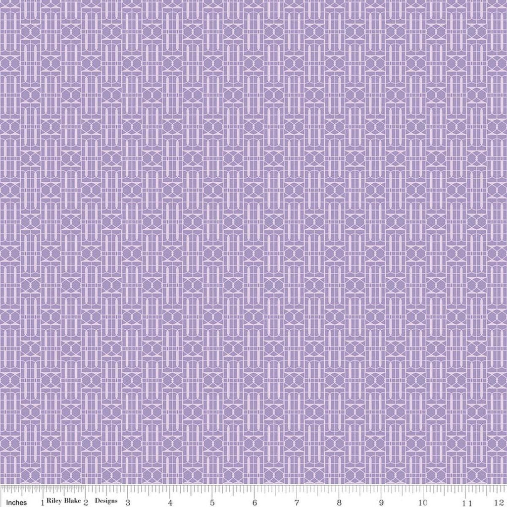 Image of Awakening Trellis Lavender quilting cotton fabric by Cherry Guidry for Riley Blake Designs. Features a geometric pattern on a purple background. Cute Little Fabric Shop.