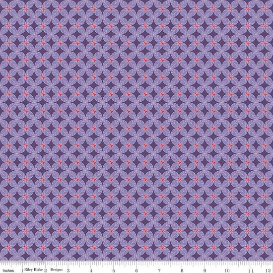 Image of Awakening Petals Heather quilting cotton fabric by Cherry Guidry for Riley Blake Designs. Features a geometric pattern on a purple background. Cute Little Fabric Shop.