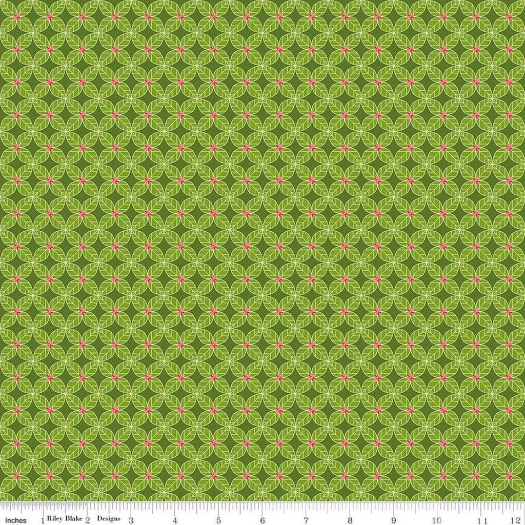 Image of Awakening Petals Kiwi quilting cotton fabric by Cherry Guidry for Riley Blake Designs. Features a geometric pattern on a green background. Cute Little Fabric Shop.