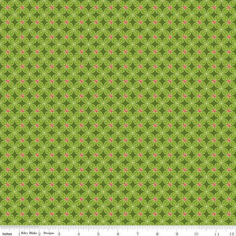 Image of Awakening Petals Kiwi quilting cotton fabric by Cherry Guidry for Riley Blake Designs. Features a geometric pattern on a green background. Cute Little Fabric Shop.