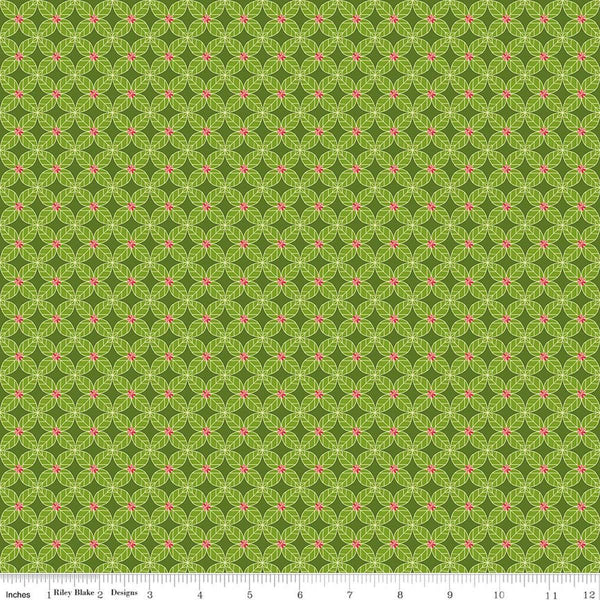 Image of Awakening Petals Kiwi quilting cotton fabric by Cherry Guidry for Riley Blake Designs. Features a geometric pattern on a green background. Cute Little Fabric Shop.