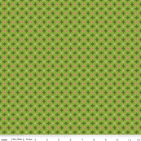 Image of Awakening Petals Kiwi quilting cotton fabric by Cherry Guidry for Riley Blake Designs. Features a geometric pattern on a green background. Cute Little Fabric Shop.