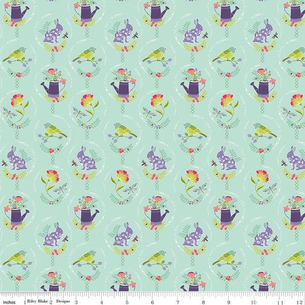 Image of Awakening Spring Charms Mint quilting cotton fabric by Cherry Guidry for Riley Blake Designs. Features flowers and animals on a green background. Cute Little Fabric Shop.