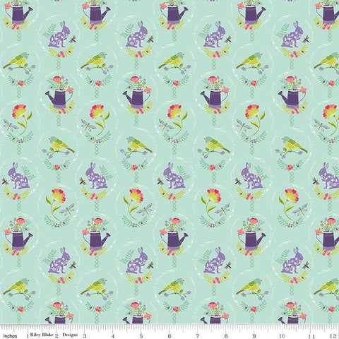 Image of Awakening Spring Charms Mint quilting cotton fabric by Cherry Guidry for Riley Blake Designs. Features flowers and animals on a green background. Cute Little Fabric Shop.
