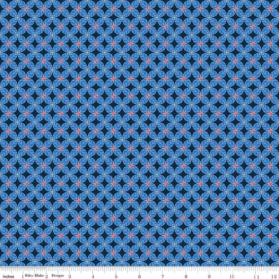 Image of Awakening Petals Blue quilting cotton fabric by Cherry Guidry for Riley Blake Designs. Features a geometric pattern on a blue background. Cute Little Fabric Shop.