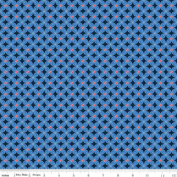 Image of Awakening Petals Blue quilting cotton fabric by Cherry Guidry for Riley Blake Designs. Features a geometric pattern on a blue background. Cute Little Fabric Shop.