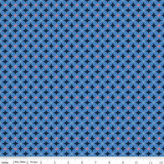 Image of Awakening Petals Blue quilting cotton fabric by Cherry Guidry for Riley Blake Designs. Features a geometric pattern on a blue background. Cute Little Fabric Shop.
