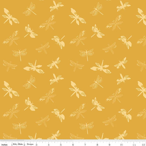 Image of Awakening Libellulas Gold quilting cotton fabric by Cherry Guidry for Riley Blake Designs. Features dragonflies on a yellow background. Cute Little Fabric Shop.