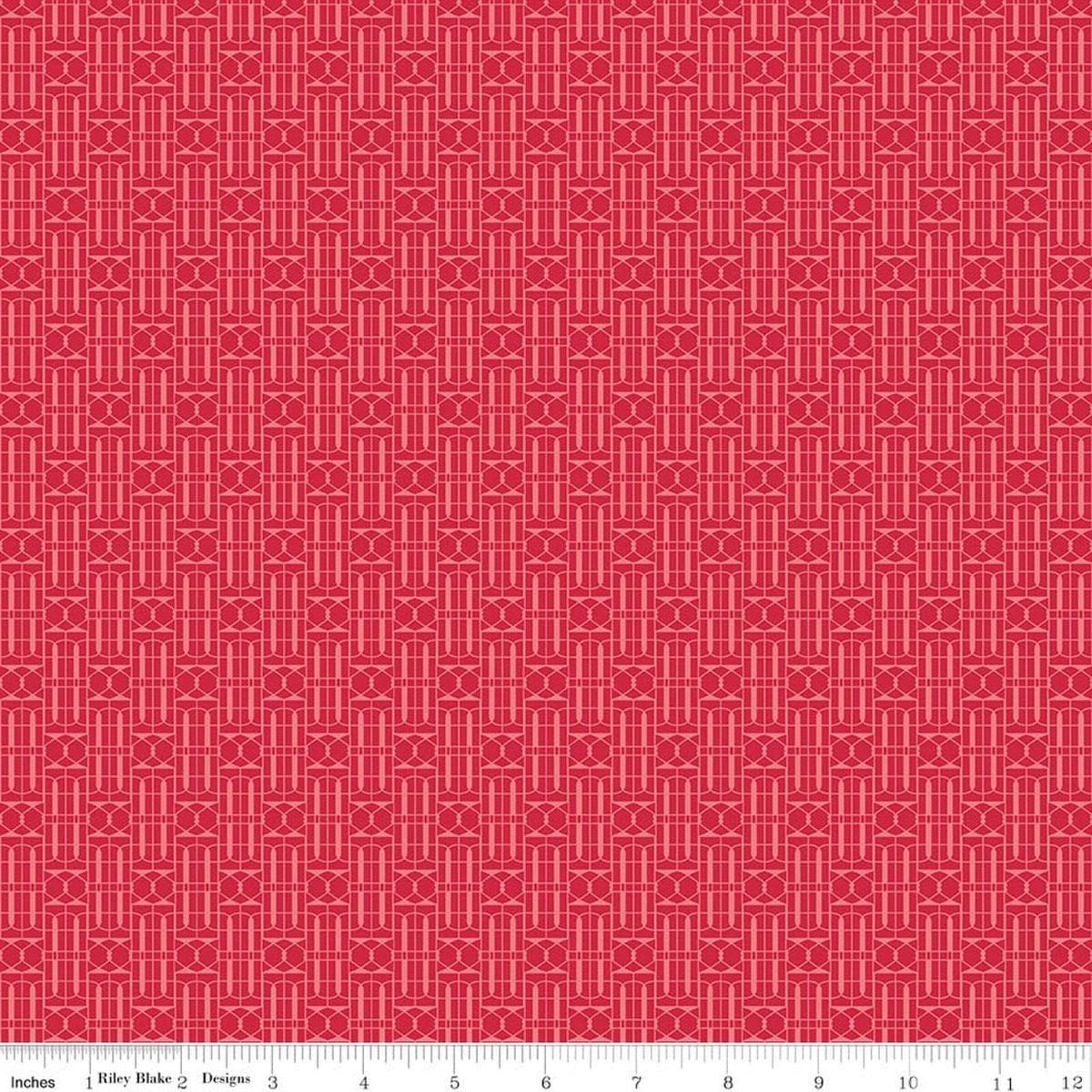 Image of Awakening Trellis Cayenne quilting cotton fabric by Cherry Guidry for Riley Blake Designs. Features a geometric pattern on a red background. Cute Little Fabric Shop.