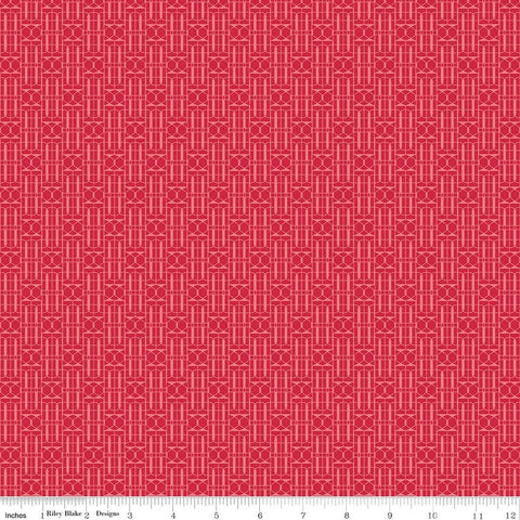 Image of Awakening Trellis Cayenne quilting cotton fabric by Cherry Guidry for Riley Blake Designs. Features a geometric pattern on a red background. Cute Little Fabric Shop.