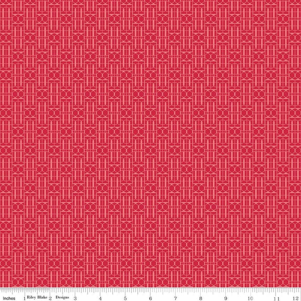 Image of Awakening Trellis Cayenne quilting cotton fabric by Cherry Guidry for Riley Blake Designs. Features a geometric pattern on a red background. Cute Little Fabric Shop.