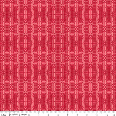 Image of Awakening Trellis Cayenne quilting cotton fabric by Cherry Guidry for Riley Blake Designs. Features a geometric pattern on a red background. Cute Little Fabric Shop.