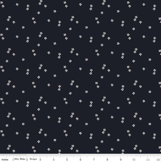 Image of Blue Blooms and Threads Ditzy Navy quilting cotton fabric by Christopher Thompson for Riley Blake Designs. Features flowers on a blue background. Cute Little Fabric Shop.