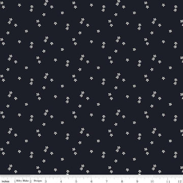 Image of Blue Blooms and Threads Ditzy Navy quilting cotton fabric by Christopher Thompson for Riley Blake Designs. Features flowers on a blue background. Cute Little Fabric Shop.