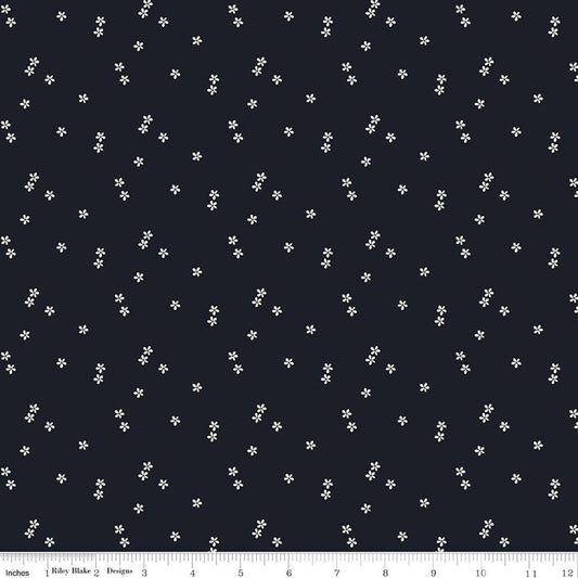 Image of Blue Blooms and Threads Ditzy Navy quilting cotton fabric by Christopher Thompson for Riley Blake Designs. Features flowers on a blue background. Cute Little Fabric Shop.