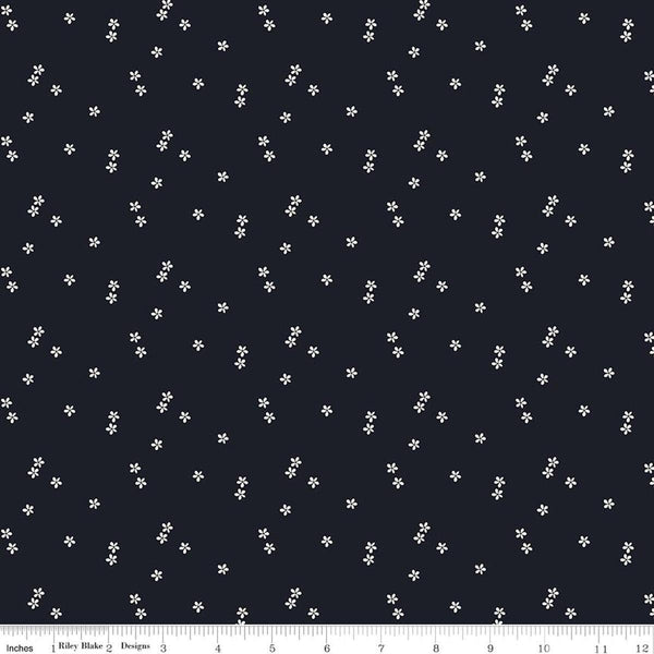 Image of Blue Blooms and Threads Ditzy Navy quilting cotton fabric by Christopher Thompson for Riley Blake Designs. Features flowers on a blue background. Cute Little Fabric Shop.