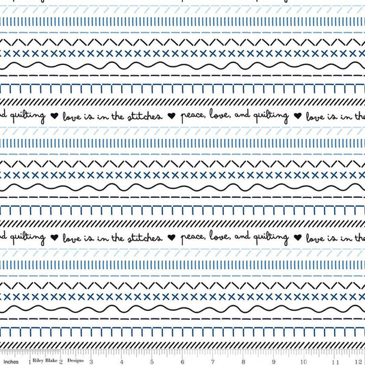 Image of Blue Blooms and Threads Stitches White quilting cotton fabric by Christopher Thompson for Riley Blake Designs. Features printed stitches on a white background. Cute Little Fabric Shop.