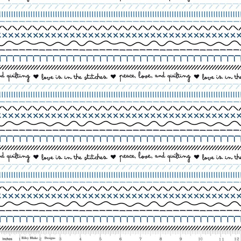 Image of Blue Blooms and Threads Stitches White quilting cotton fabric by Christopher Thompson for Riley Blake Designs. Features printed stitches on a white background. Cute Little Fabric Shop.