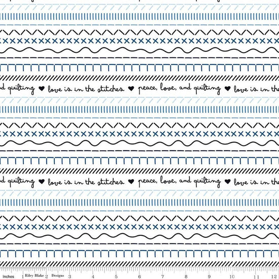 Image of Blue Blooms and Threads Stitches White quilting cotton fabric by Christopher Thompson for Riley Blake Designs. Features printed stitches on a white background. Cute Little Fabric Shop.