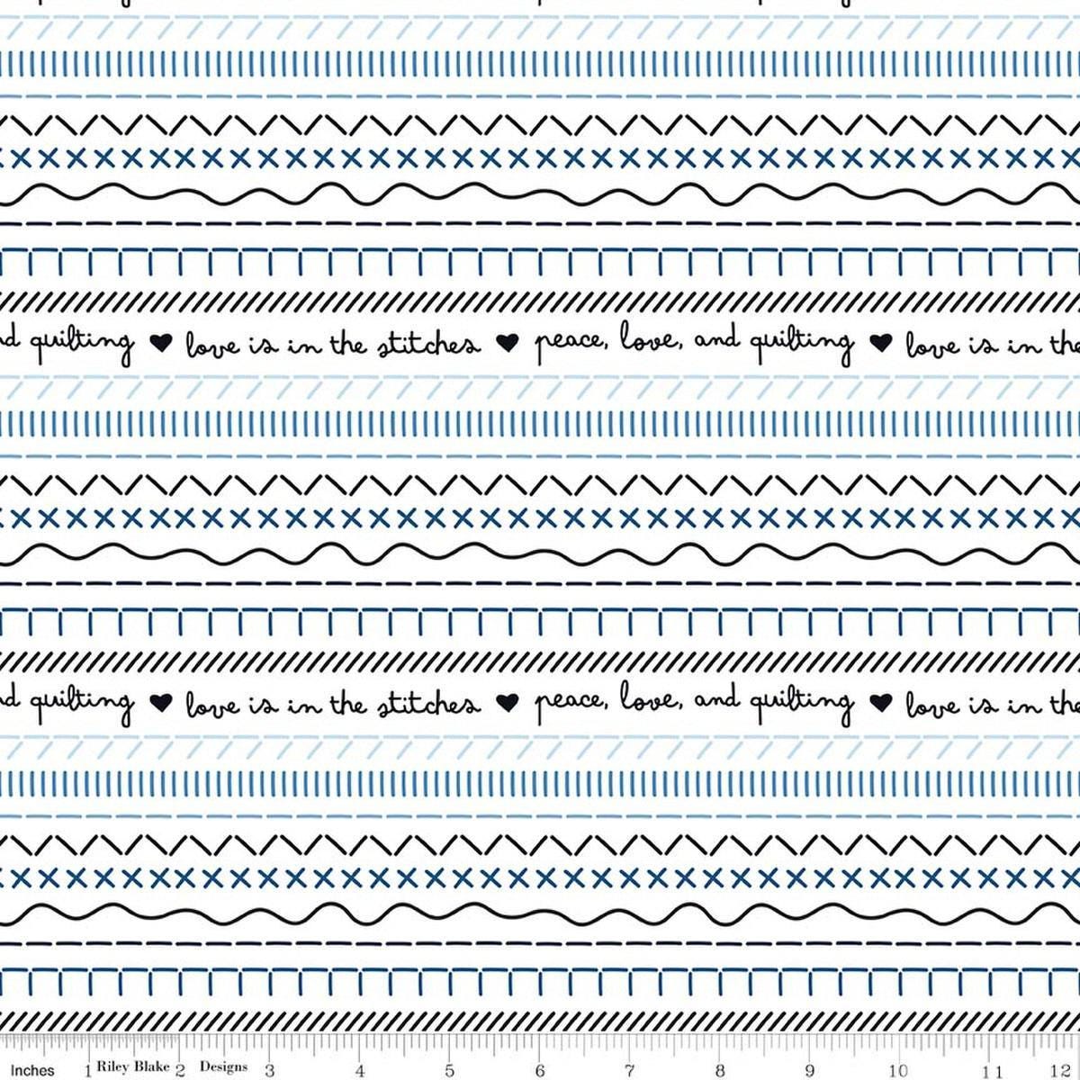 Image of Blue Blooms and Threads Stitches White quilting cotton fabric by Christopher Thompson for Riley Blake Designs. Features printed stitches on a white background. Cute Little Fabric Shop.