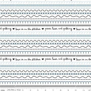 Image of Blue Blooms and Threads Stitches White quilting cotton fabric by Christopher Thompson for Riley Blake Designs. Features printed stitches on a white background. Cute Little Fabric Shop.