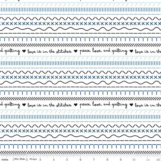 Image of Blue Blooms and Threads Stitches White quilting cotton fabric by Christopher Thompson for Riley Blake Designs. Features printed stitches on a white background. Cute Little Fabric Shop.