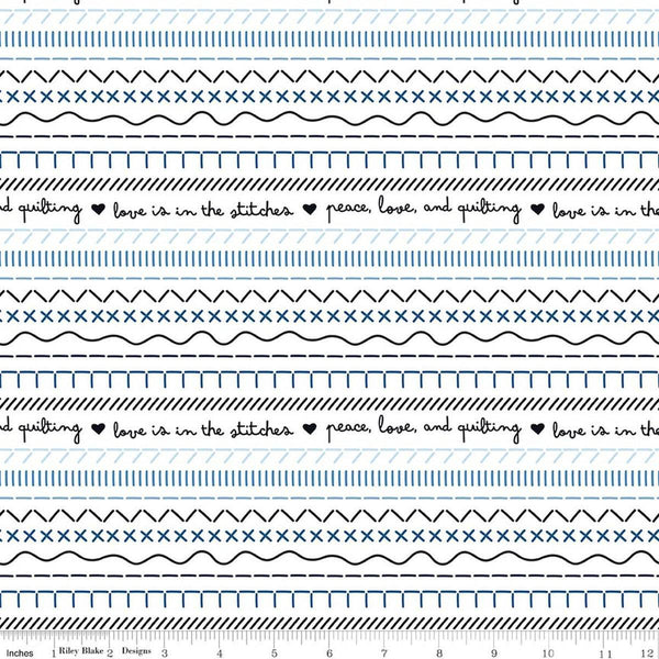 Image of Blue Blooms and Threads Stitches White quilting cotton fabric by Christopher Thompson for Riley Blake Designs. Features printed stitches on a white background. Cute Little Fabric Shop.