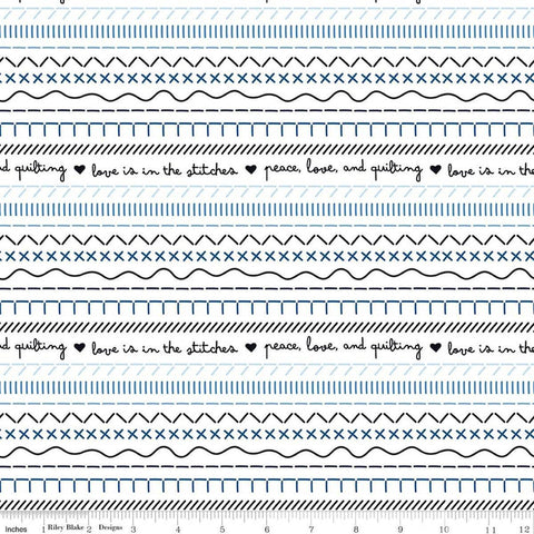 Image of Blue Blooms and Threads Stitches White quilting cotton fabric by Christopher Thompson for Riley Blake Designs. Features printed stitches on a white background. Cute Little Fabric Shop.