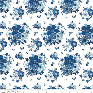 Image of Blue Blooms and Threads Main White quilting cotton fabric by Christopher Thompson for Riley Blake Designs. Features flowers on a white background. Cute Little Fabric Shop.