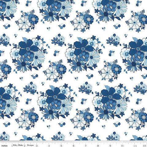 Image of Blue Blooms and Threads Main White quilting cotton fabric by Christopher Thompson for Riley Blake Designs. Features flowers on a white background. Cute Little Fabric Shop.