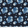 Image of Blue Blooms and Threads Main Navy quilting cotton fabric by Christopher Thompson for Riley Blake Designs. Features flowers on a blue background. Cute Little Fabric Shop.