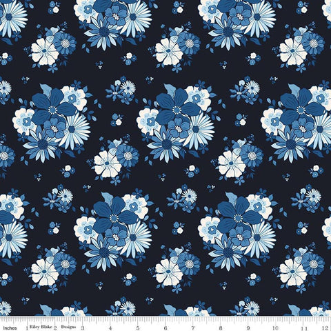 Image of Blue Blooms and Threads Main Navy quilting cotton fabric by Christopher Thompson for Riley Blake Designs. Features flowers on a blue background. Cute Little Fabric Shop.