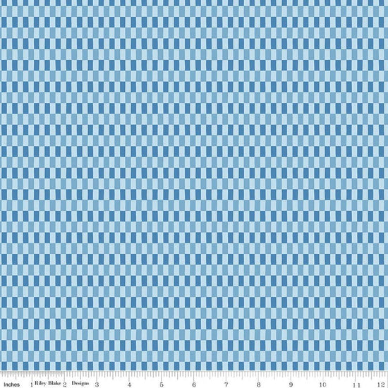 Image of Blue Blooms and Threads Checks Blue quilting cotton fabric by Christopher Thompson for Riley Blake Designs. Features squares on a blue background. Cute Little Fabric Shop.