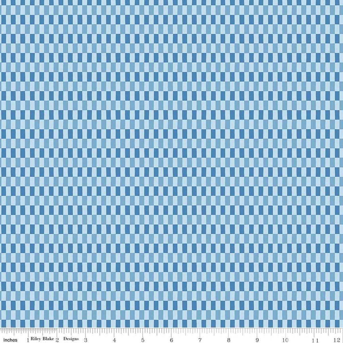 Image of Blue Blooms and Threads Checks Blue quilting cotton fabric by Christopher Thompson for Riley Blake Designs. Features squares on a blue background. Cute Little Fabric Shop.