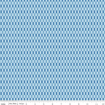 Image of Blue Blooms and Threads Checks Blue quilting cotton fabric by Christopher Thompson for Riley Blake Designs. Features squares on a blue background. Cute Little Fabric Shop.