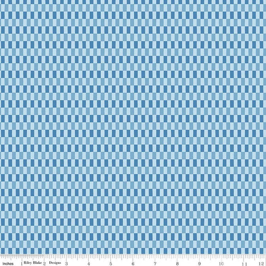 Image of Blue Blooms and Threads Checks Blue quilting cotton fabric by Christopher Thompson for Riley Blake Designs. Features squares on a blue background. Cute Little Fabric Shop.