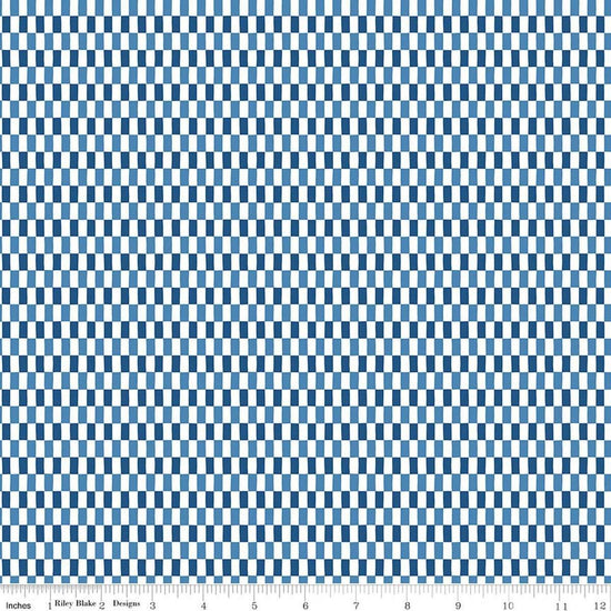 Image of Blue Blooms and Threads Checks White quilting cotton fabric by Christopher Thompson for Riley Blake Designs. Features squares on a blue background. Cute Little Fabric Shop.