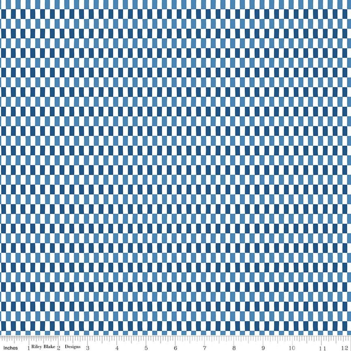 Image of Blue Blooms and Threads Checks White quilting cotton fabric by Christopher Thompson for Riley Blake Designs. Features squares on a blue background. Cute Little Fabric Shop.