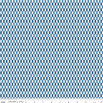Image of Blue Blooms and Threads Checks White quilting cotton fabric by Christopher Thompson for Riley Blake Designs. Features squares on a blue background. Cute Little Fabric Shop.