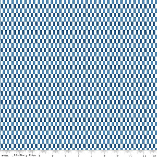 Image of Blue Blooms and Threads Checks White quilting cotton fabric by Christopher Thompson for Riley Blake Designs. Features squares on a blue background. Cute Little Fabric Shop.