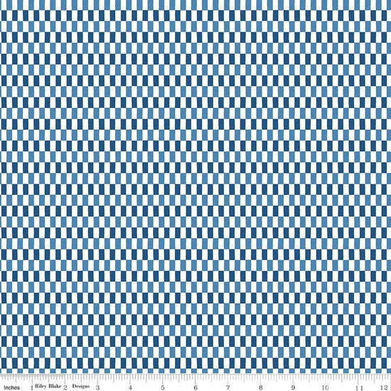 Image of Blue Blooms and Threads Checks White quilting cotton fabric by Christopher Thompson for Riley Blake Designs. Features squares on a blue background. Cute Little Fabric Shop.