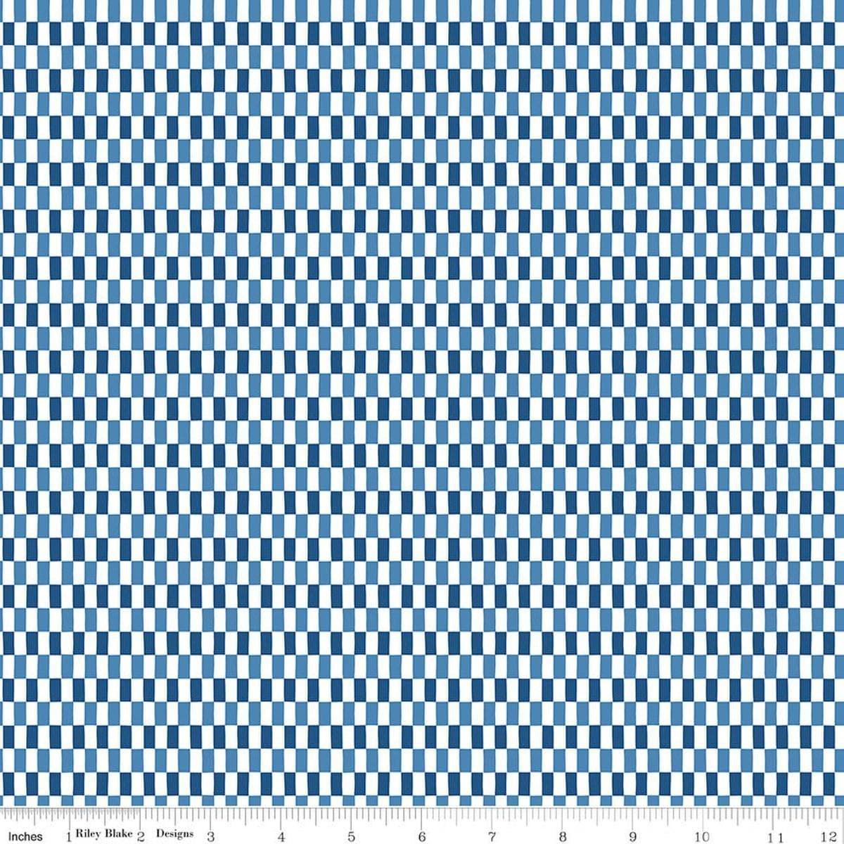 Image of Blue Blooms and Threads Checks White quilting cotton fabric by Christopher Thompson for Riley Blake Designs. Features squares on a blue background. Cute Little Fabric Shop.