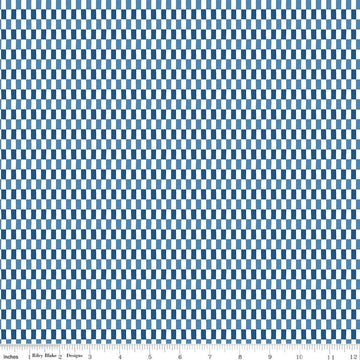 Image of Blue Blooms and Threads Checks White quilting cotton fabric by Christopher Thompson for Riley Blake Designs. Features squares on a blue background. Cute Little Fabric Shop.