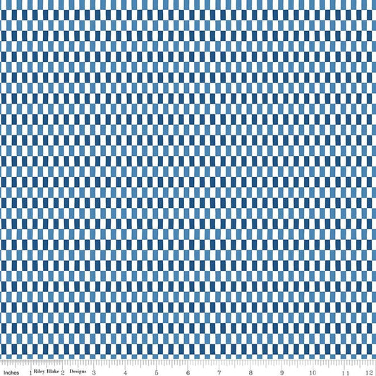 Image of Blue Blooms and Threads Checks White quilting cotton fabric by Christopher Thompson for Riley Blake Designs. Features squares on a blue background. Cute Little Fabric Shop.