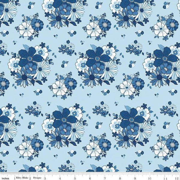 Image of Blue Blooms and Threads Main Blue quilting cotton fabric by Christopher Thompson for Riley Blake Designs. Features flowers on a blue background. Cute Little Fabric Shop.