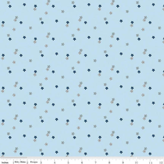 Image of Blue Blooms and Threads Ditsy Blue quilting cotton fabric by Christopher Thompson for Riley Blake Designs. Features flowers on a blue background. Cute Little Fabric Shop.